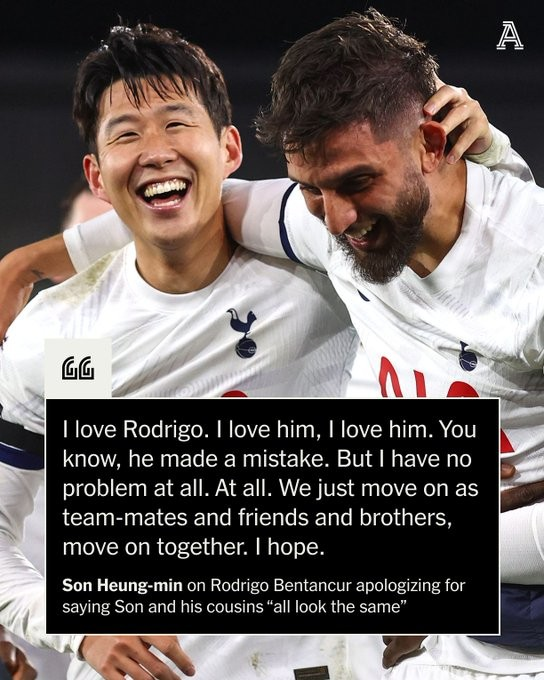 사진=디 애슬레틱. 손흥민을 향해 인종차별적 발언을 했던 로드리고 벤탄쿠르가 심각한 중징계를 받을 예정이다. 영국 매체 '디 애슬레틱'은 14일(이하 한국시간) “토트넘 홋스퍼는 벤탄쿠르가 팀 동료 손흥민과 관련한 발언으로 인해 장기간 출전 금지 처분을 받을 것으로 예상하고 있다. 벤탄쿠르는 지난 9월 이 발언으로 인해 잉글랜드 축구협회(FA) 규정 위반 혐의로 기소됐다”고 보도했다.